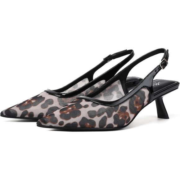 Mostrin Kitten Heels Leopard Mesh Low Slingback Heels with Buckle Dress Shoes - Picture 9 of 9